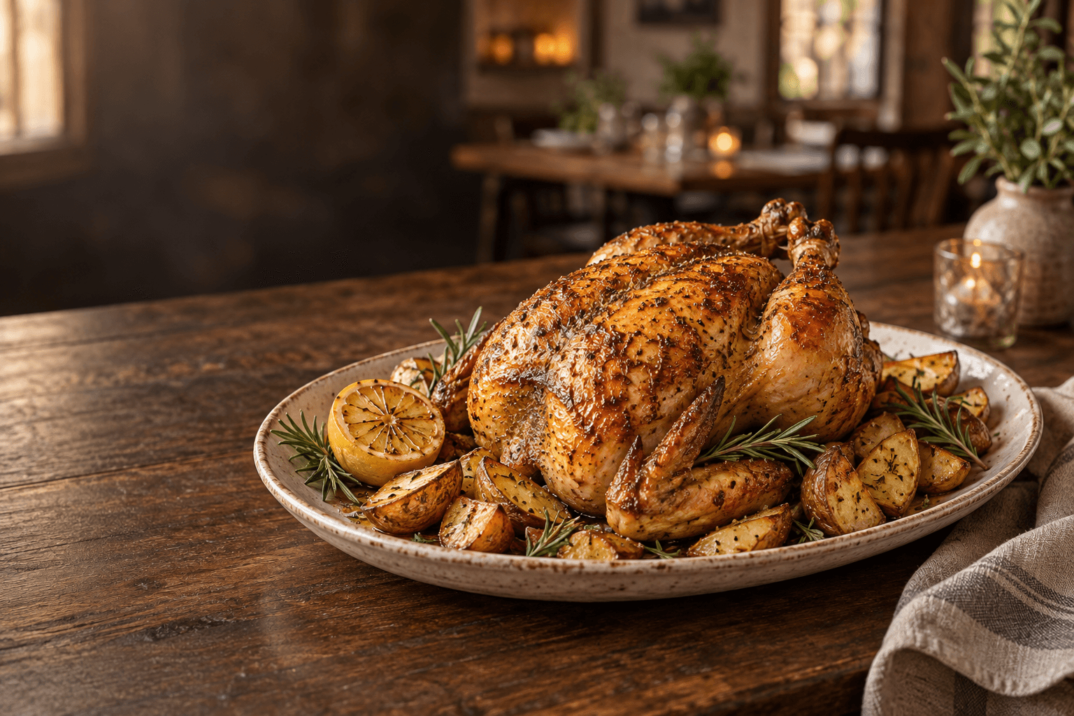 Pollo asado dorado con patatas, limón y romero